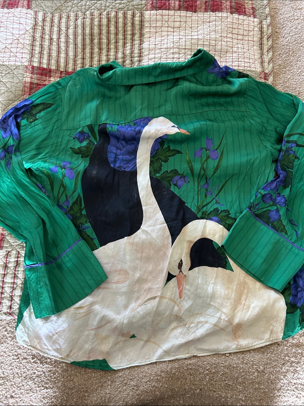 Silk Green Swan & Floral Button-Front Sleep Shirt - Women - Picture 8 of 9